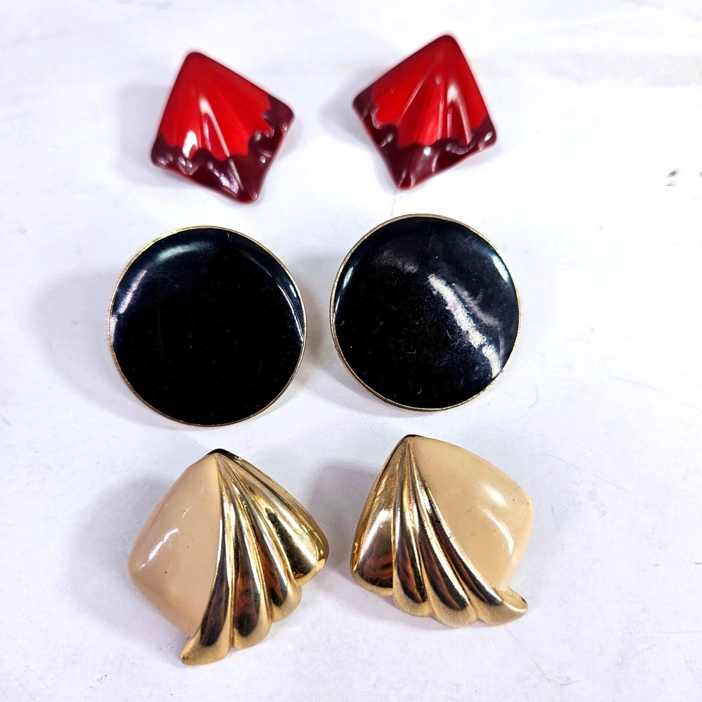 Vintage 80s Enamel Earring Lot 3 Pairs Red Black Tan Gold Tone Geometric Studs